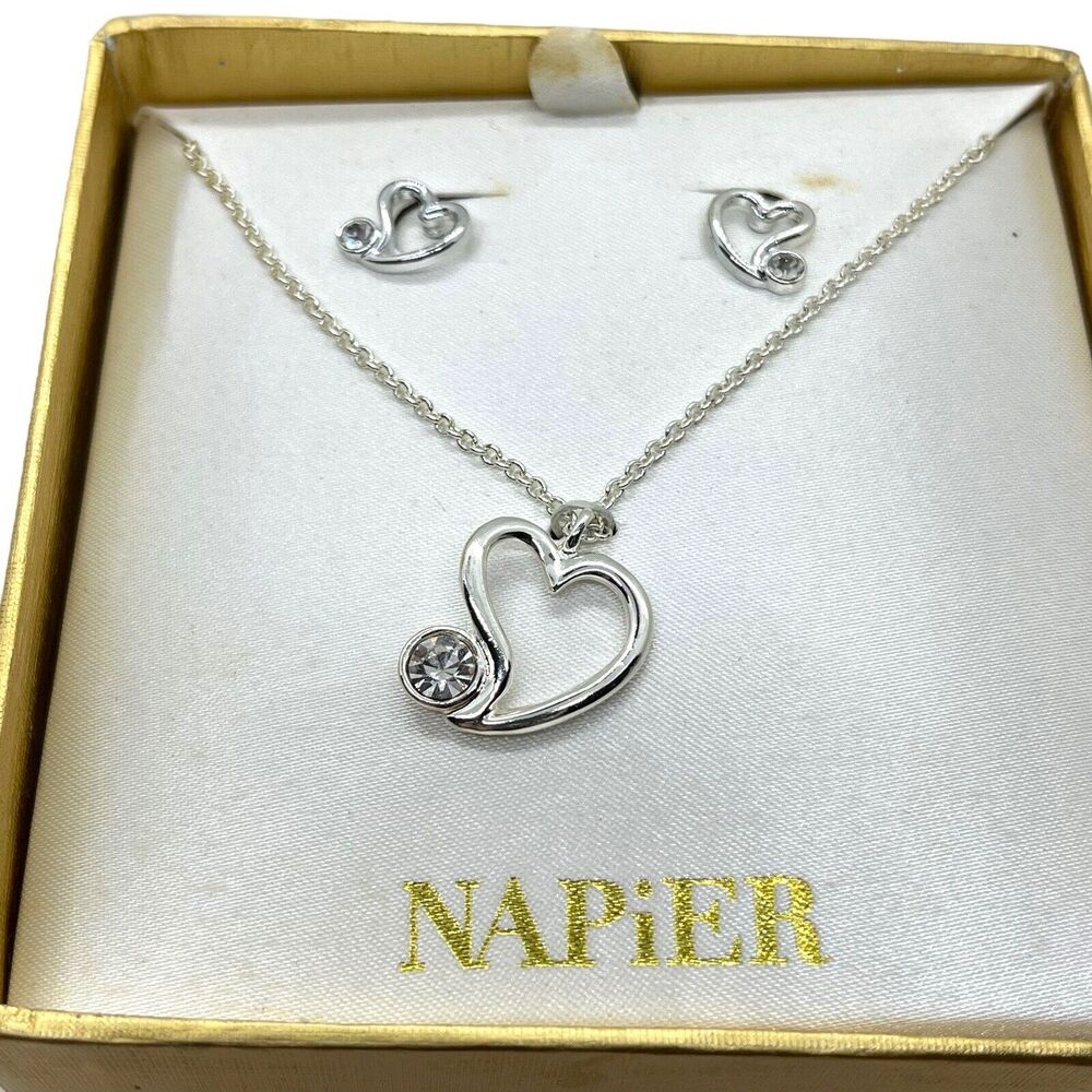 Napier Heart Valentine Necklace Earring Set Silver Tone Rhinestone Women In Box